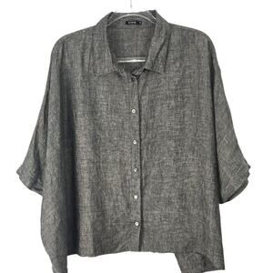 Vivid Button Front Top Short Sleeve 100% Linen Relaxed Boxy Fit Woven Gray 2X